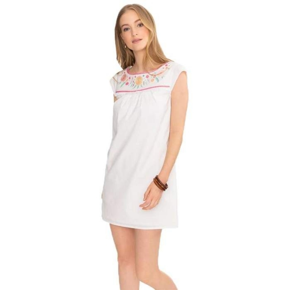 Southern Tide White Shift Dress with Pink and Yellow Embroidery
